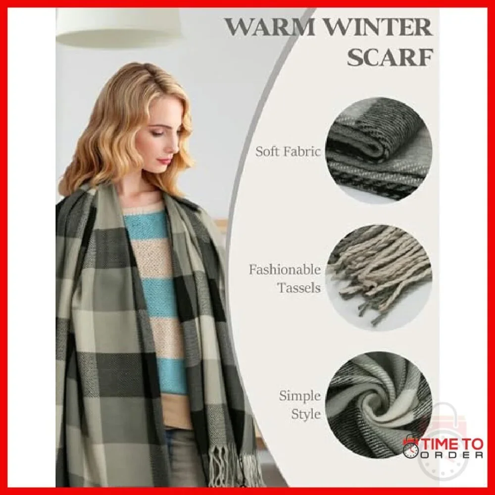 Oversized Plaid Winter Scarf Shawl Wrap Soft Warm Cashmere-Like Acrylic